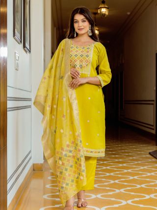 Sunshine Yellow Embroidered Kurti Set with Dupatta