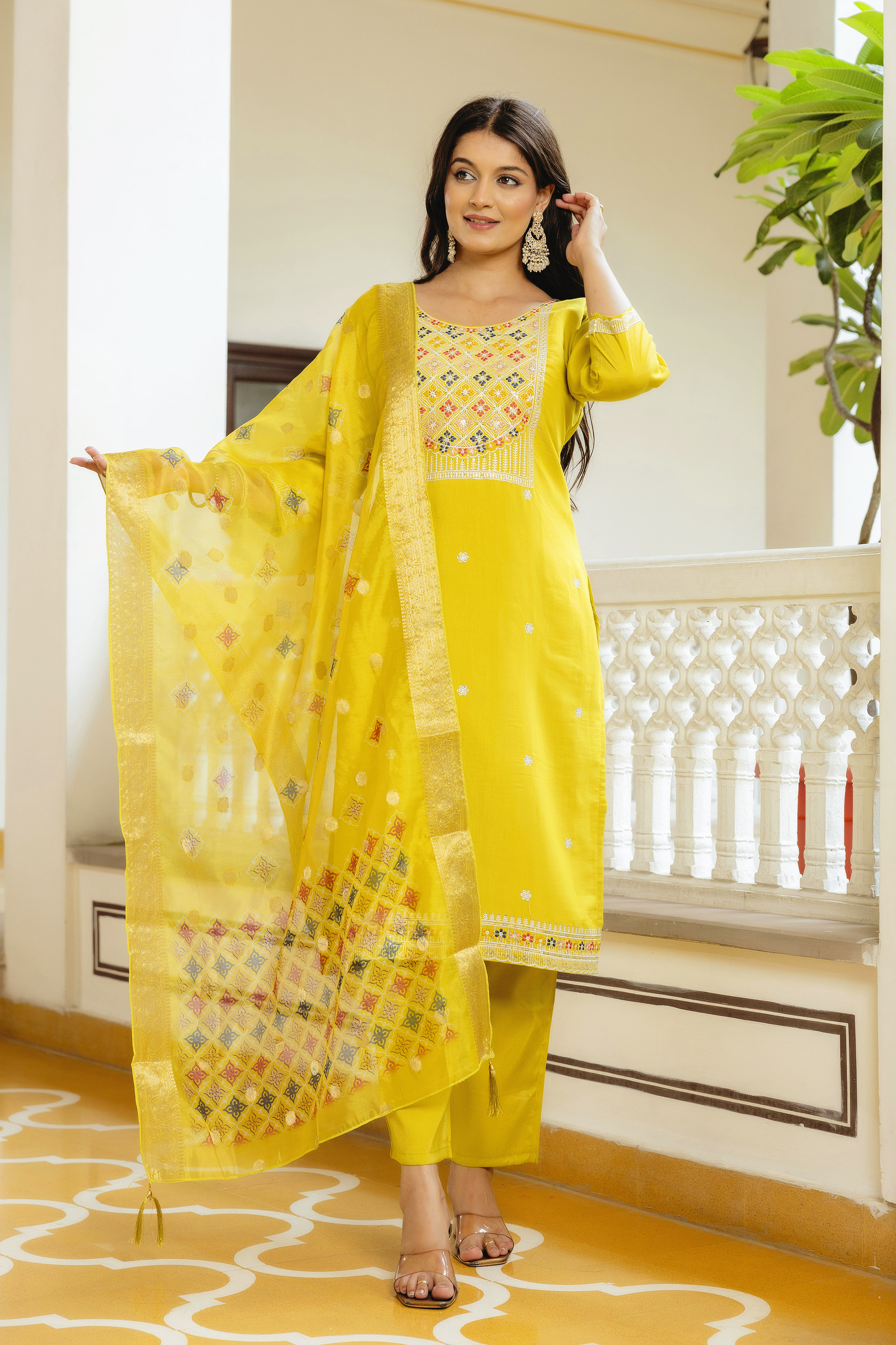 Sunshine Yellow Embroidered Kurti Set with Dupatta