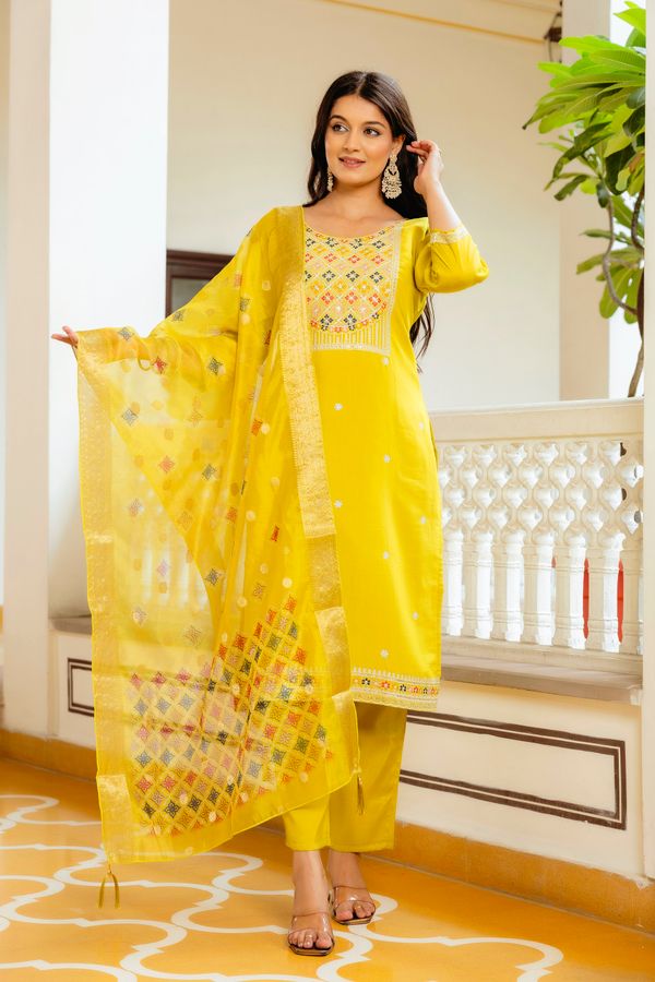 Sunshine Yellow Embroidered Kurti Set with Dupatta