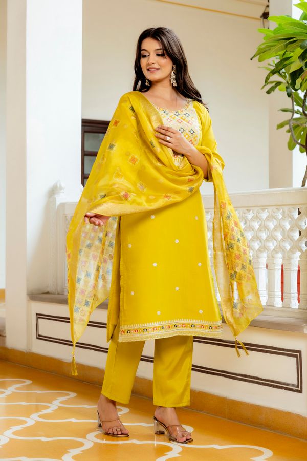 Sunshine Yellow Embroidered Kurti Set with Dupatta
