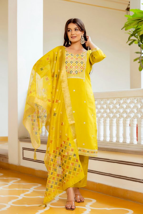 Sunshine Yellow Embroidered Kurti Set with Dupatta