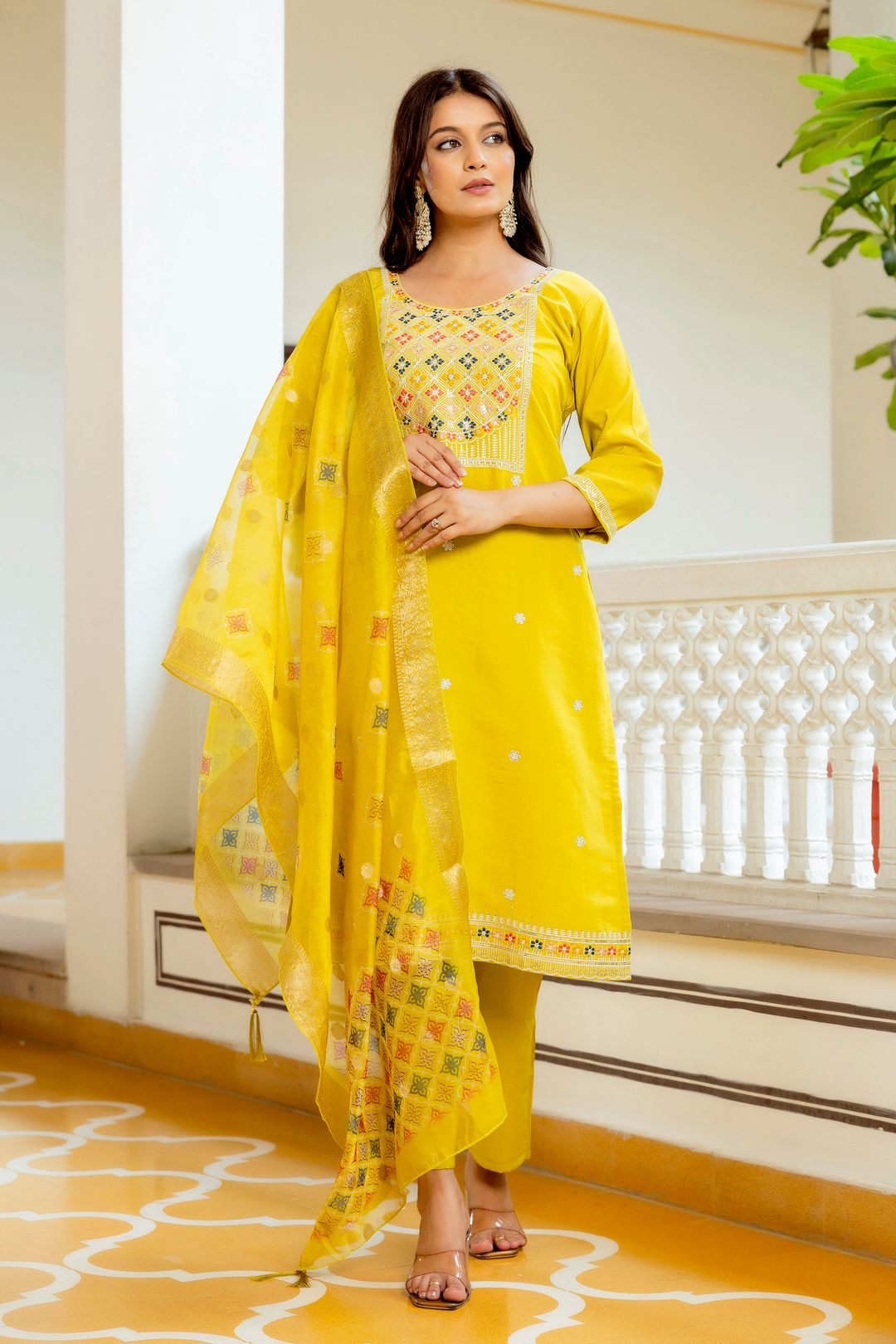 Sunshine Yellow Embroidered Kurti Set with Dupatta