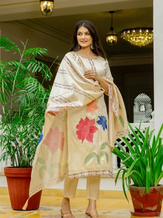 Elegant Cream Assam Silk Kurti Set with Floral Dupatta