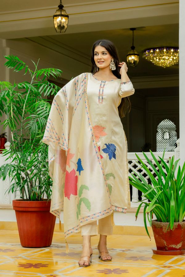 Elegant Cream Assam Silk Kurti Set with Floral Dupatta
