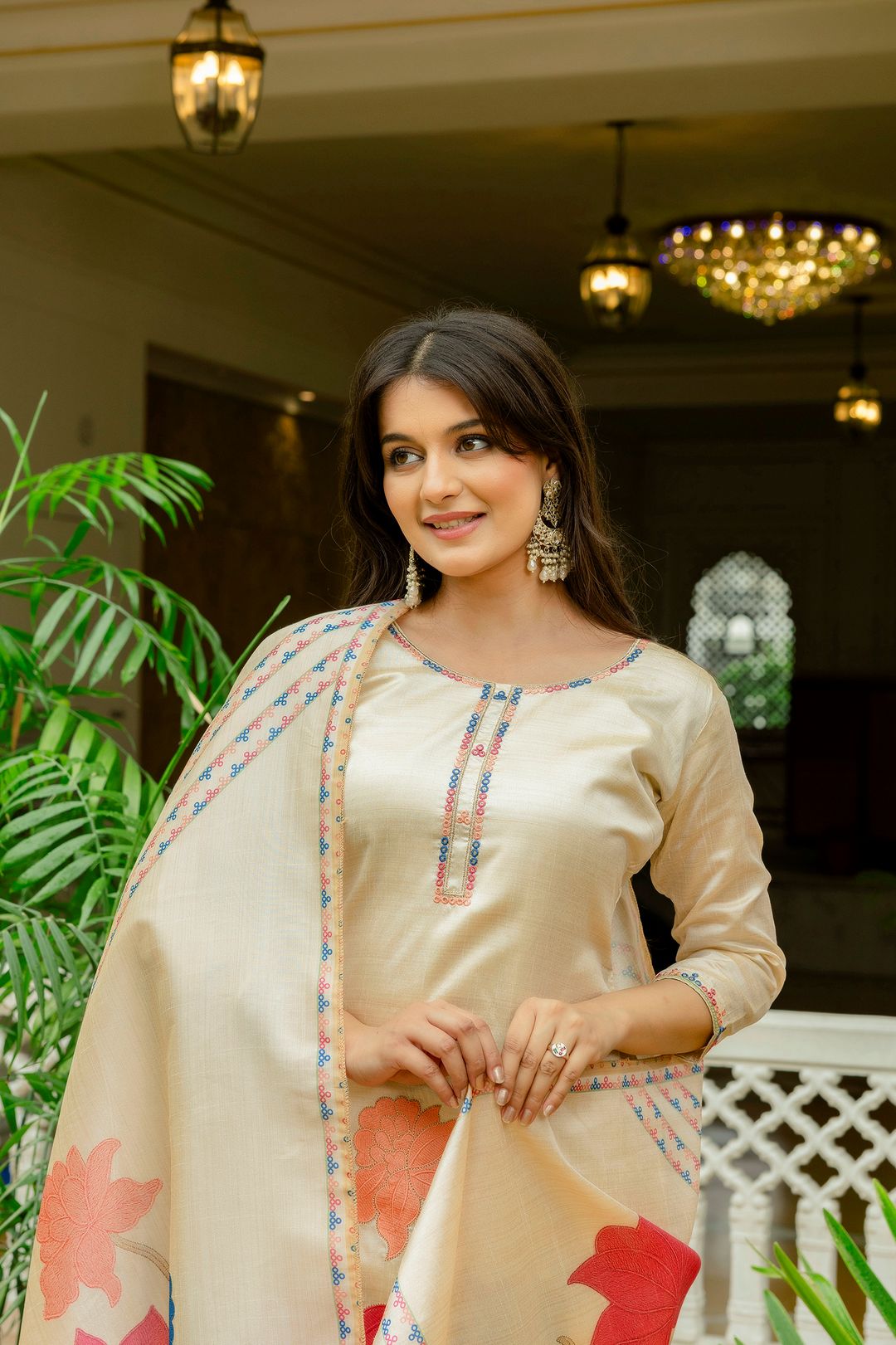 Elegant Cream Assam Silk Kurti Set with Floral Dupatta