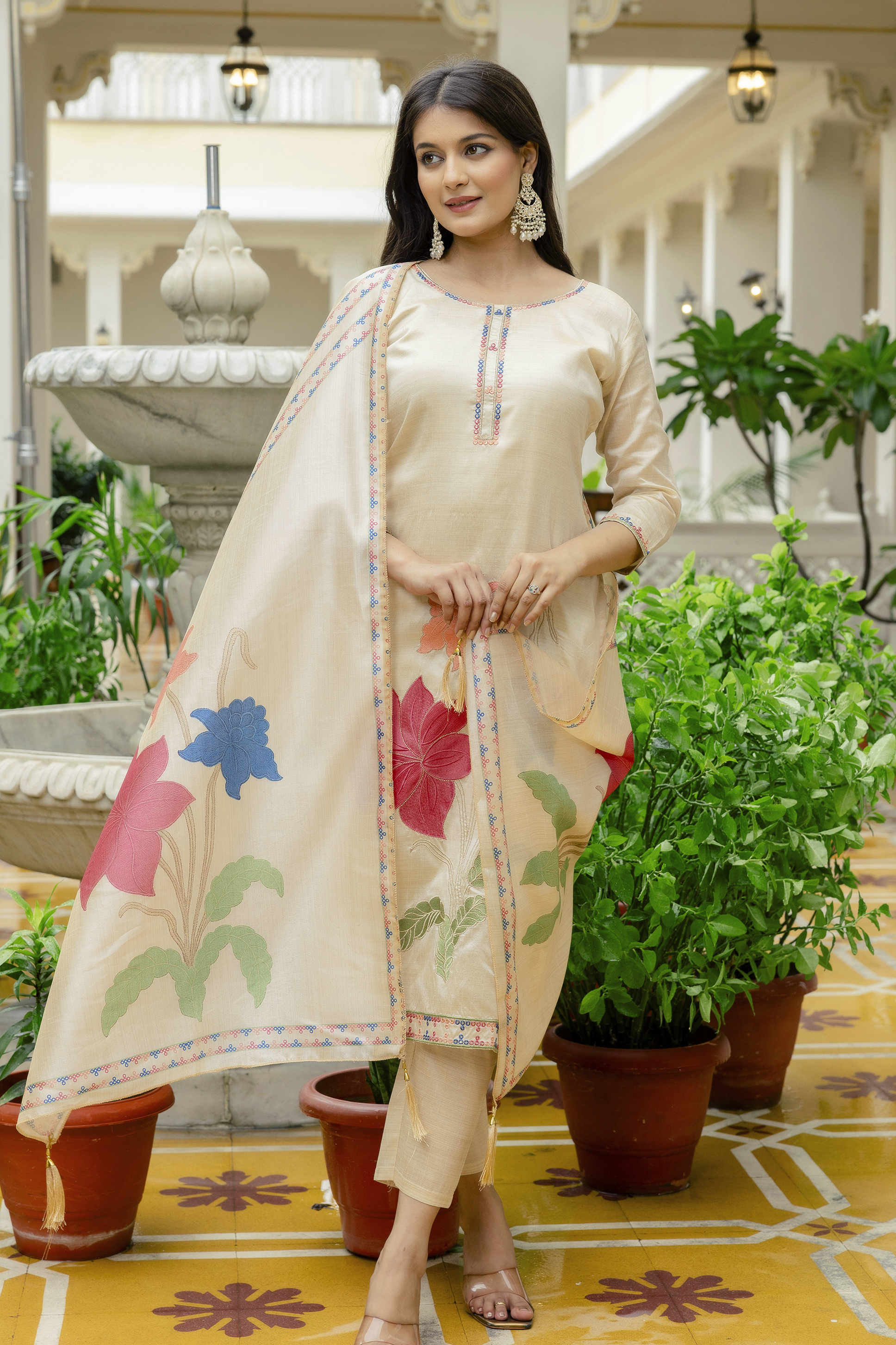 Elegant Cream Assam Silk Kurti Set with Floral Dupatta