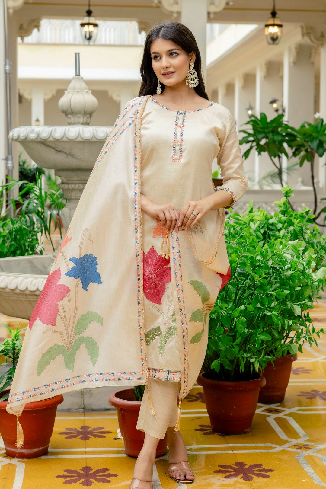 Elegant Cream Assam Silk Kurti Set with Floral Dupatta