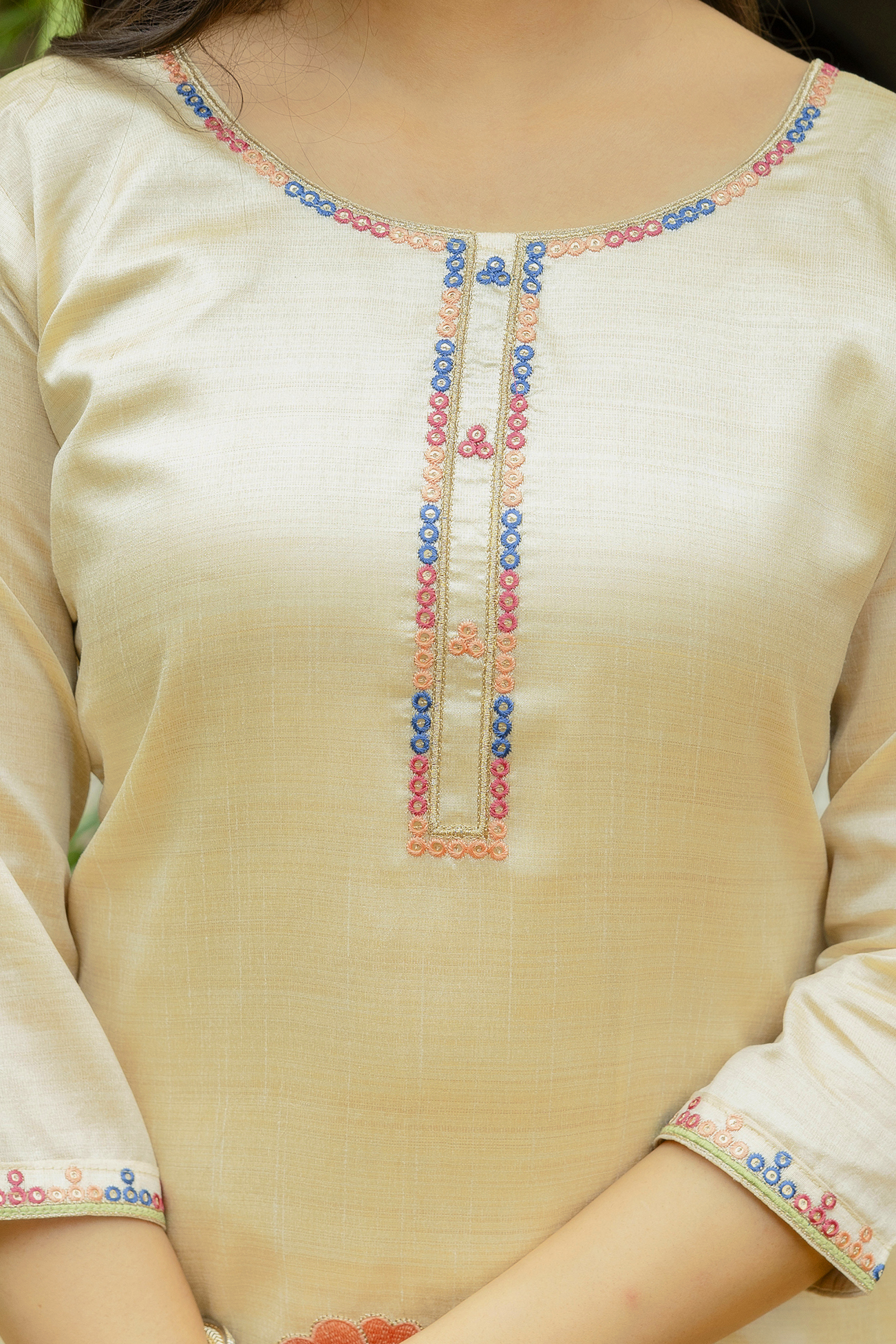 Elegant Cream Assam Silk Kurti Set with Floral Dupatta
