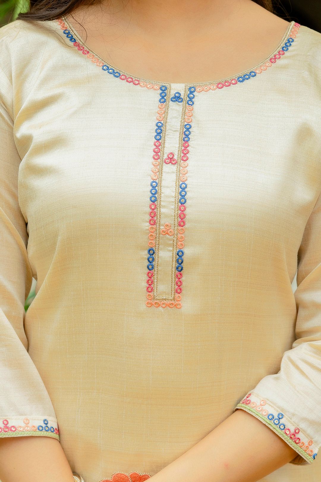 Elegant Cream Assam Silk Kurti Set with Floral Dupatta