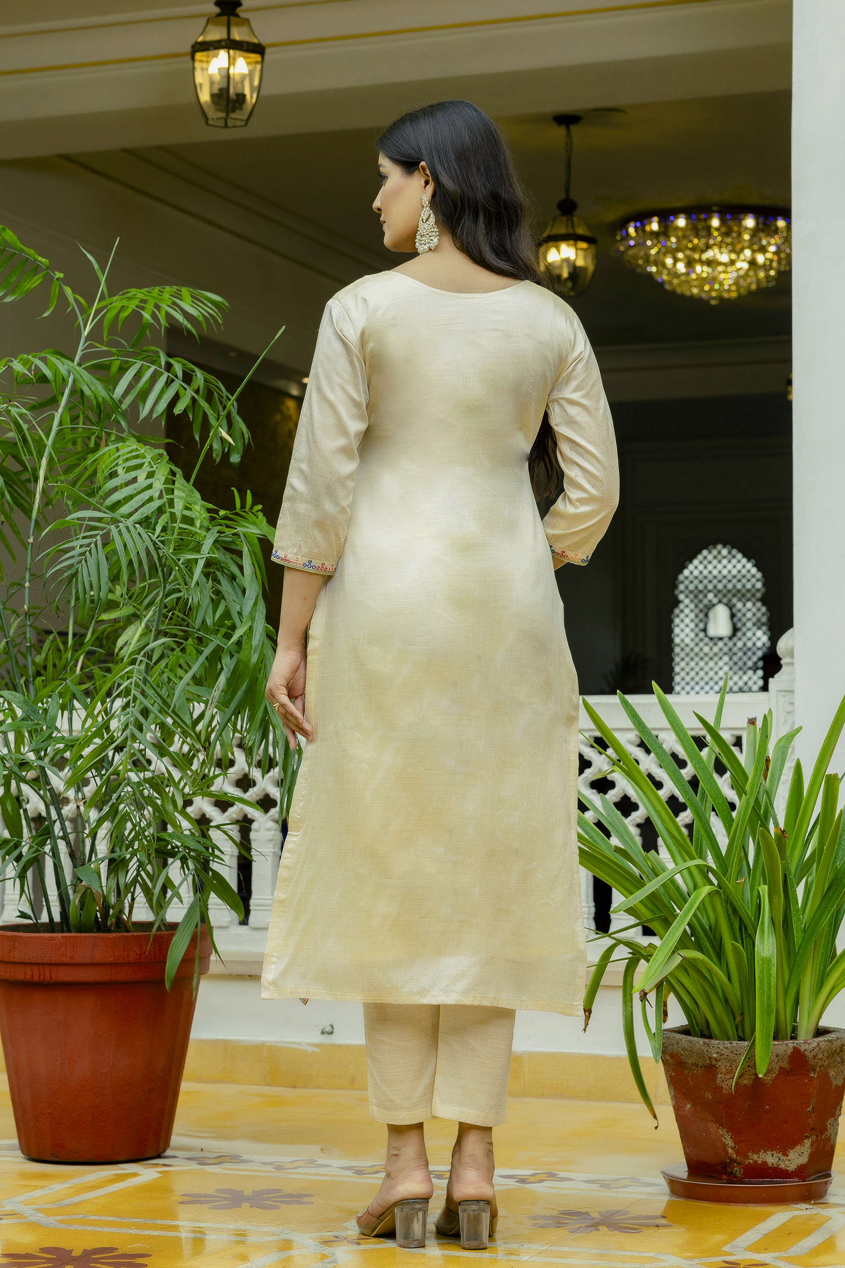 Elegant Cream Assam Silk Kurti Set with Floral Dupatta