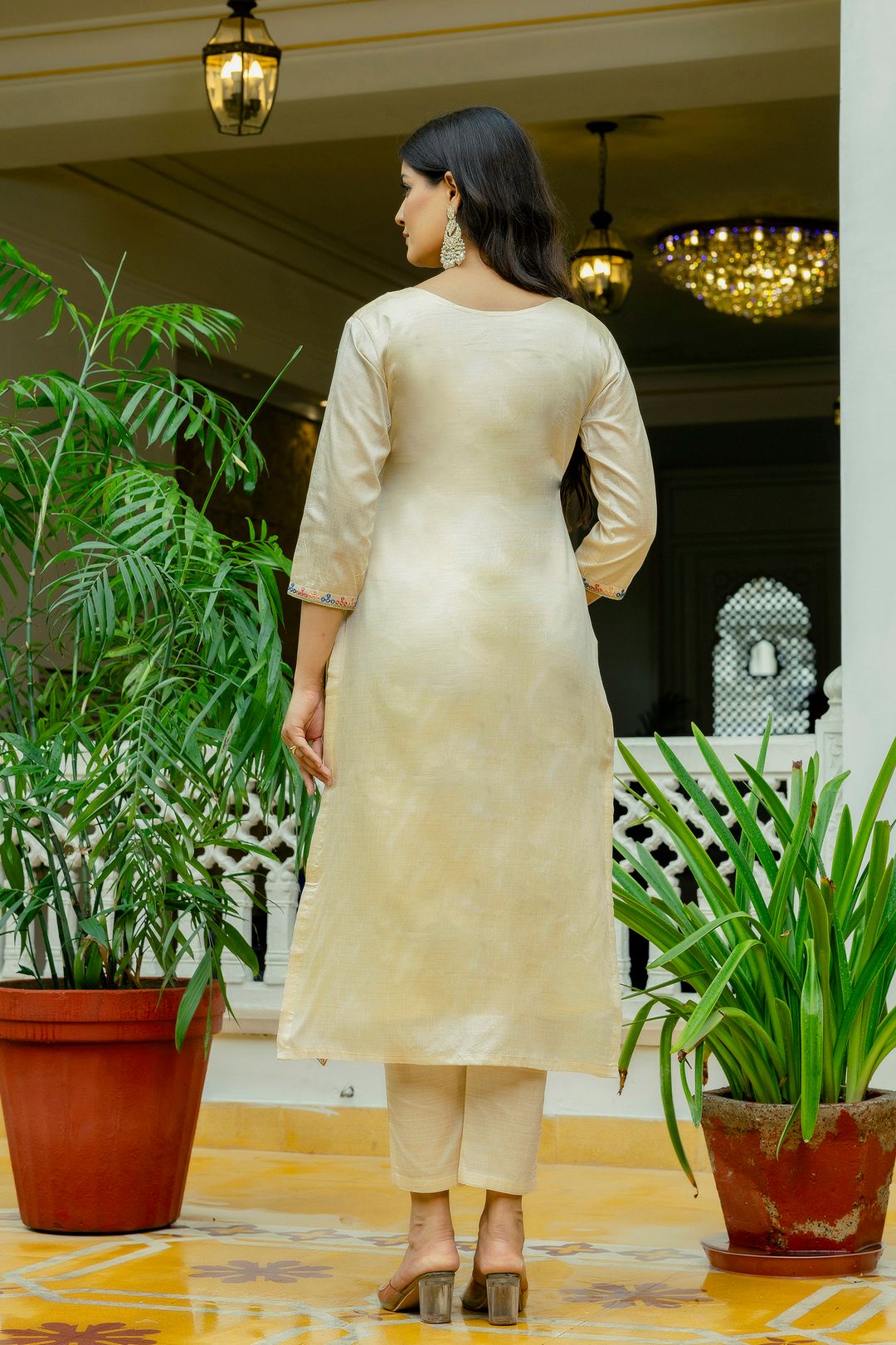 Elegant Cream Assam Silk Kurti Set with Floral Dupatta
