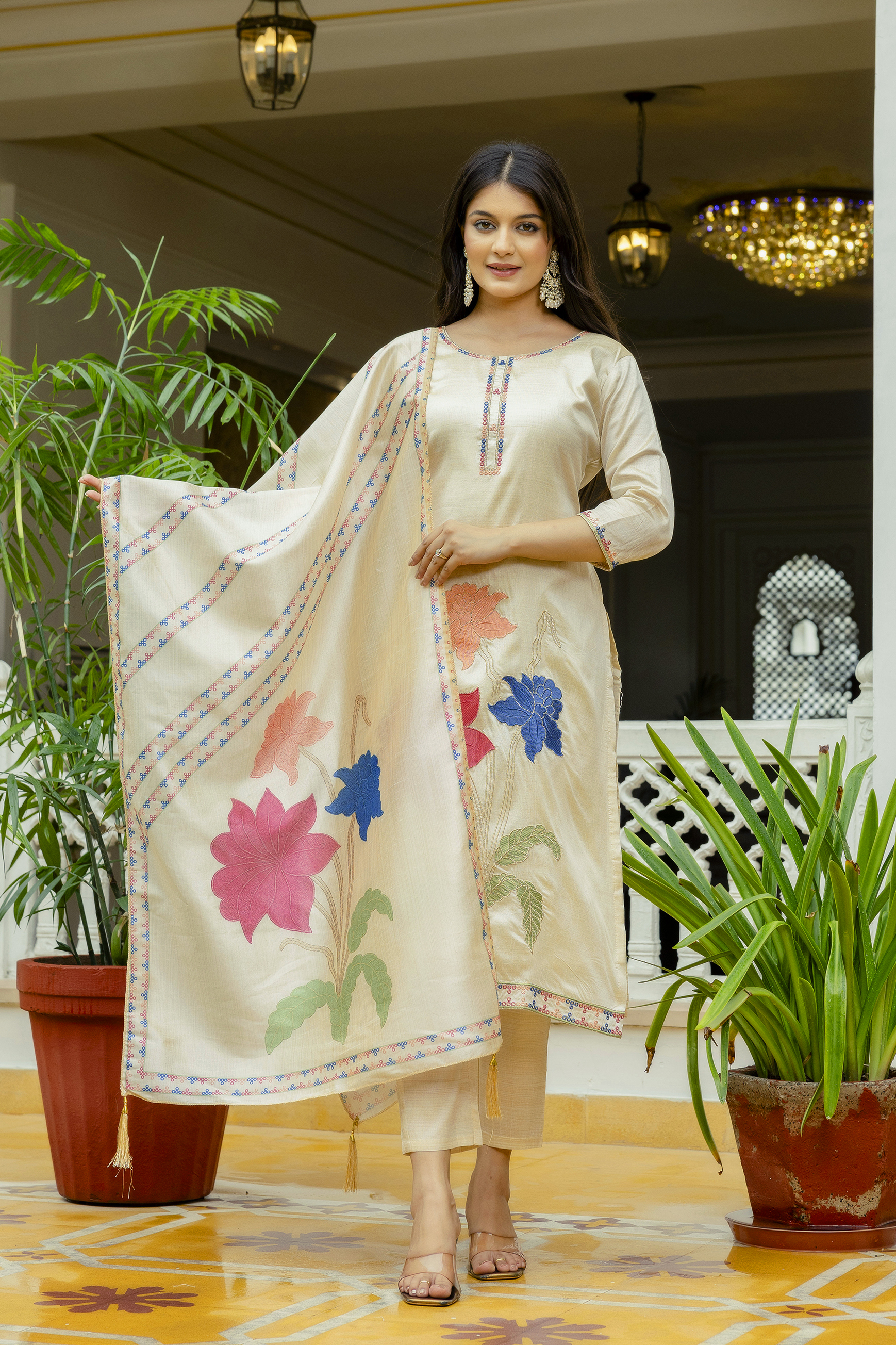 Elegant Cream Assam Silk Kurti Set with Floral Dupatta