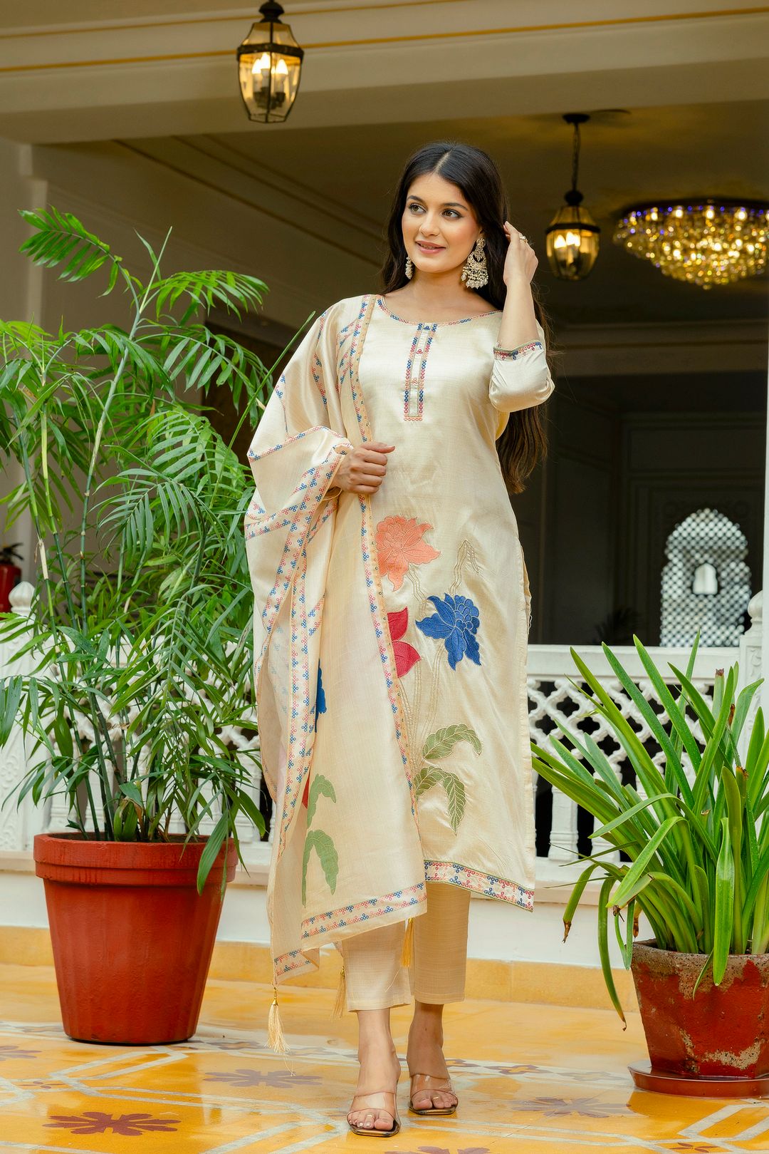 Elegant Cream Assam Silk Kurti Set with Floral Dupatta