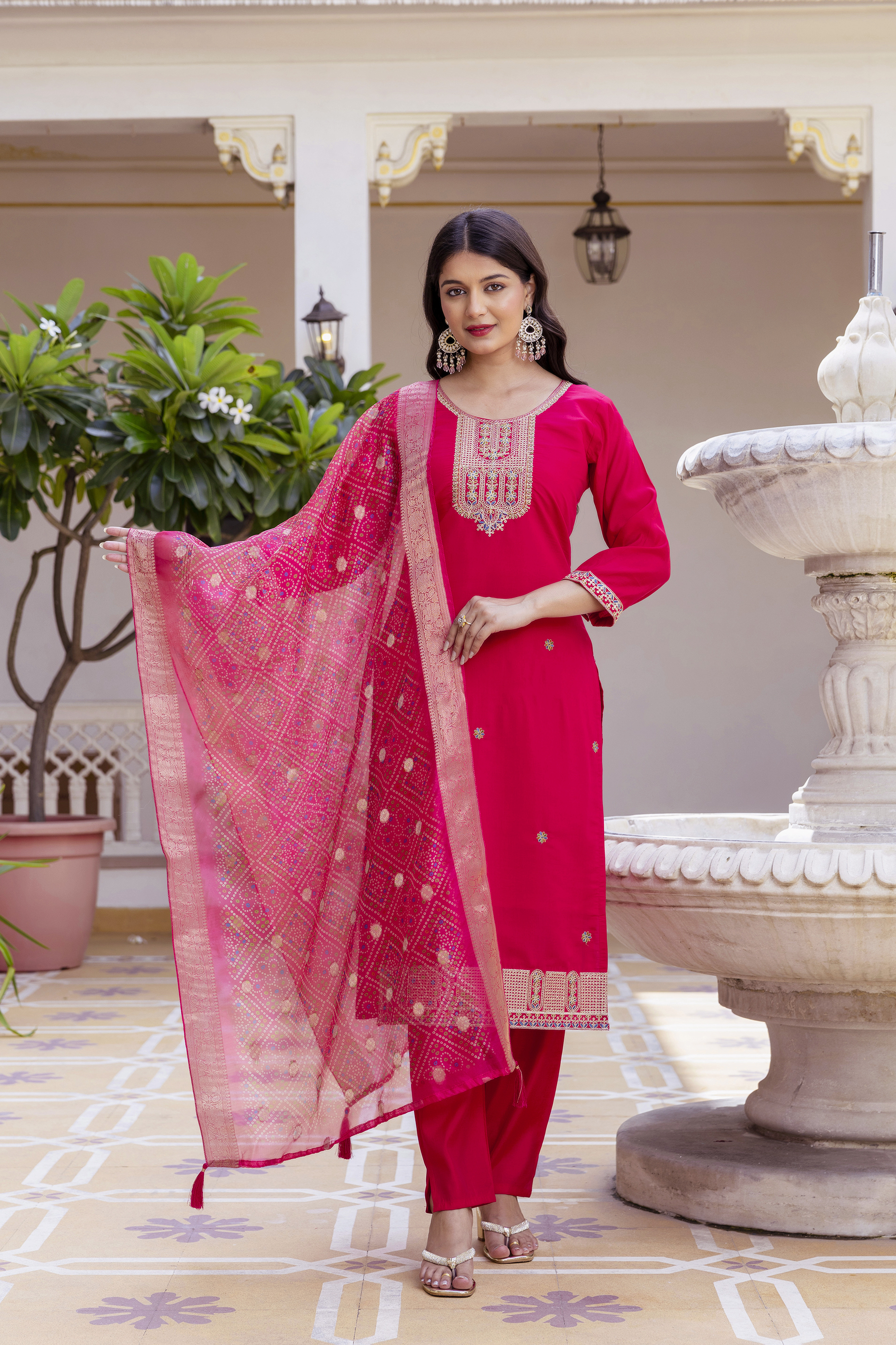 Rich Red Chanderi Kurti Set with Embroidered Dupatta