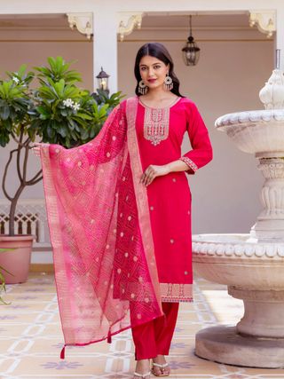 Rich Red Chanderi Kurti Set with Embroidered Dupatta