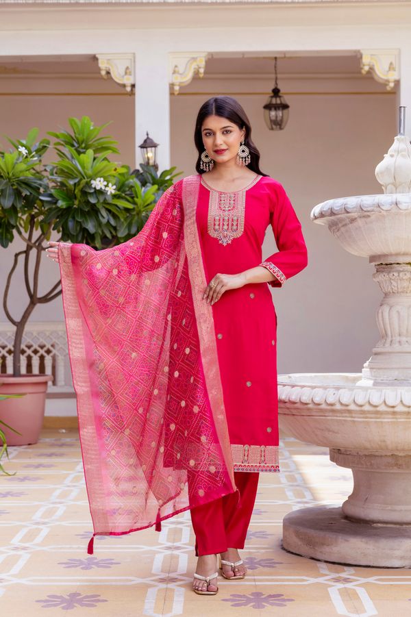 Rich Red Chanderi Kurti Set with Embroidered Dupatta