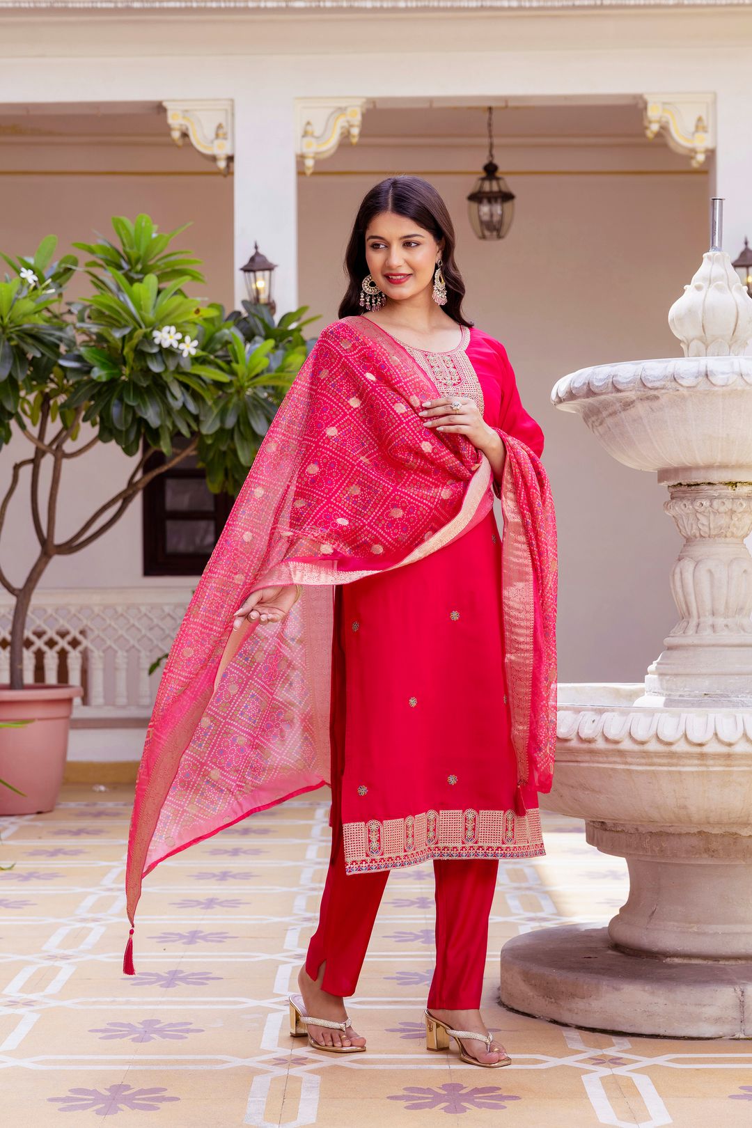 Rich Red Chanderi Kurti Set with Embroidered Dupatta