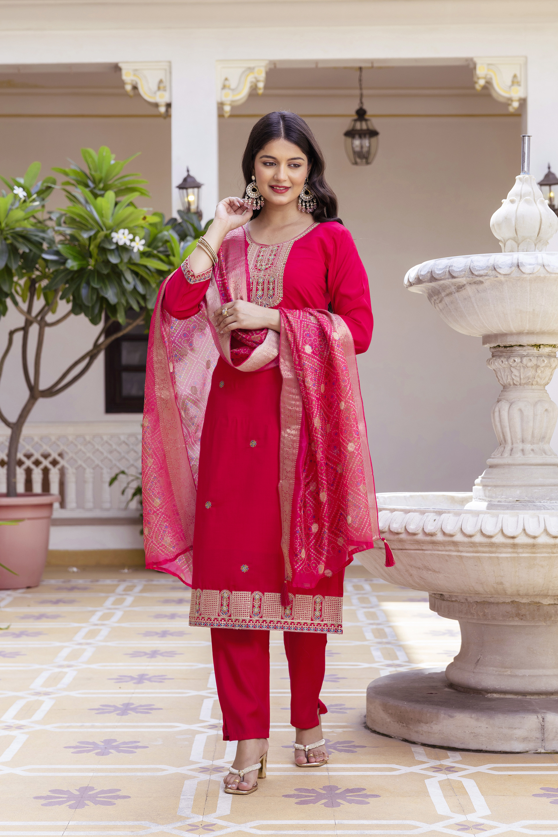 Rich Red Chanderi Kurti Set with Embroidered Dupatta