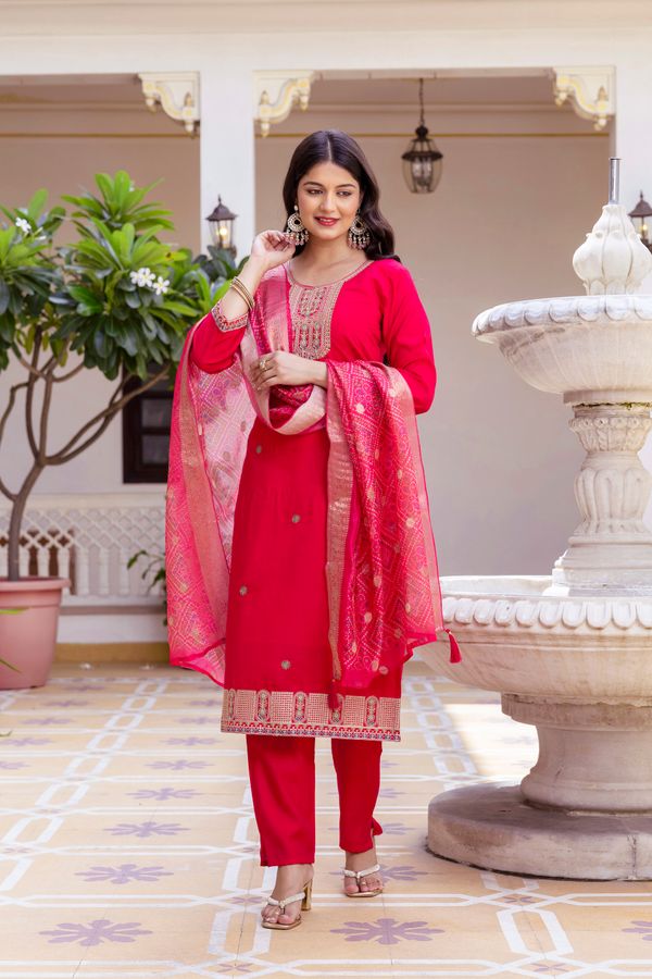 Rich Red Chanderi Kurti Set with Embroidered Dupatta