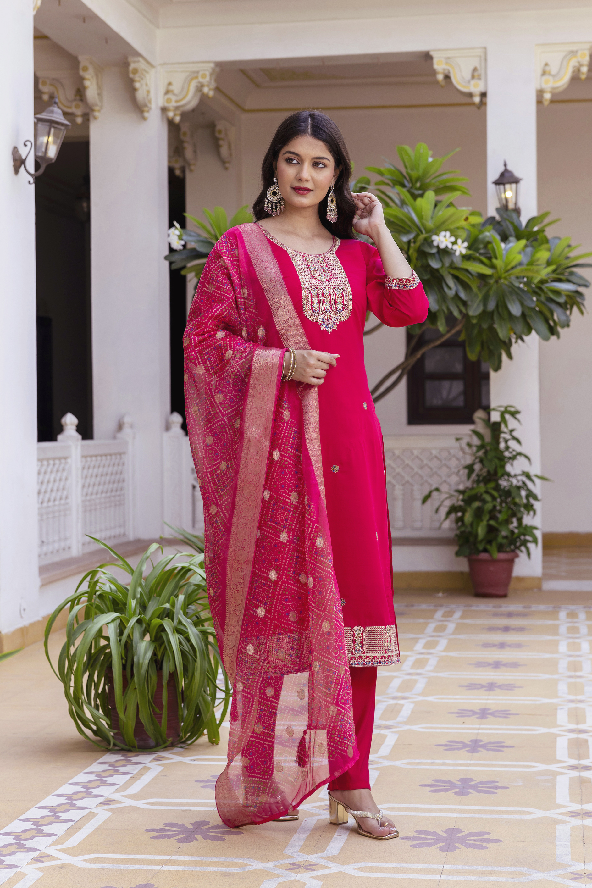 Rich Red Chanderi Kurti Set with Embroidered Dupatta