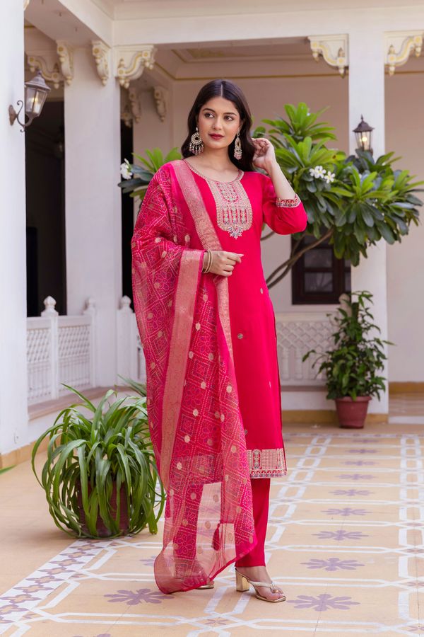 Rich Red Chanderi Kurti Set with Embroidered Dupatta