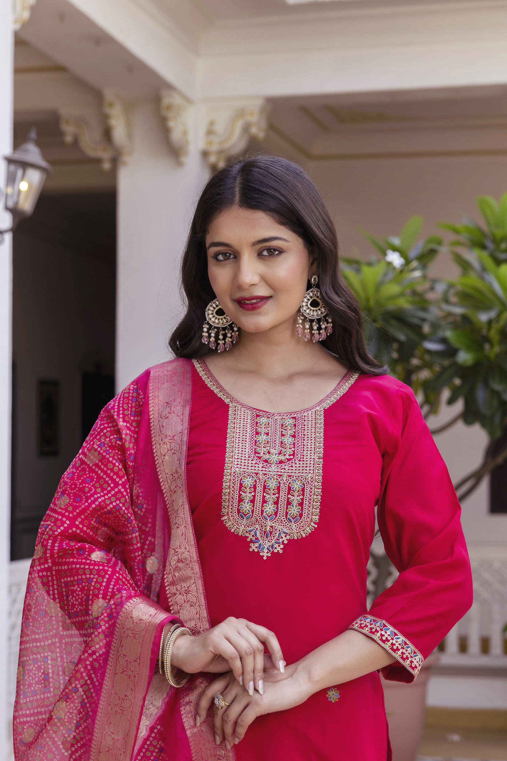 Rich Red Chanderi Kurti Set with Embroidered Dupatta