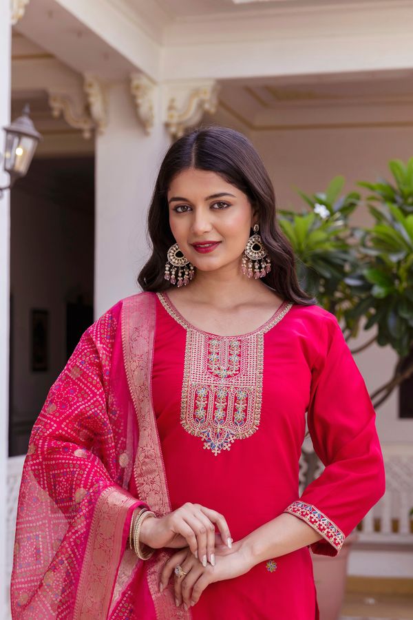 Rich Red Chanderi Kurti Set with Embroidered Dupatta