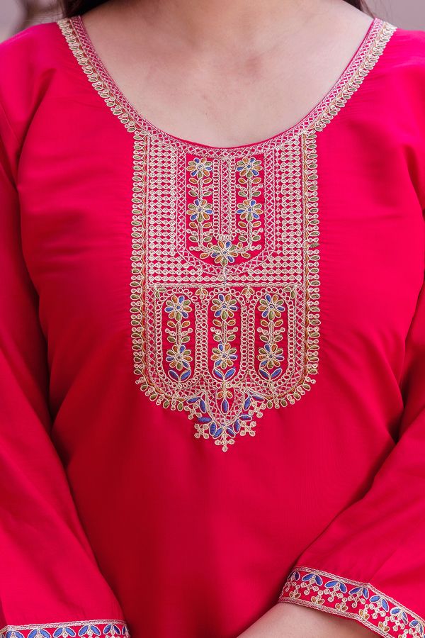 Rich Red Chanderi Kurti Set with Embroidered Dupatta