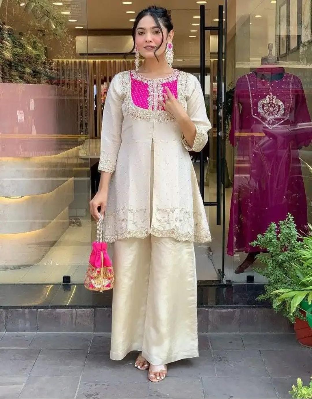 Elegant Cream Roman Silk Embroidered Top Palazzo Set