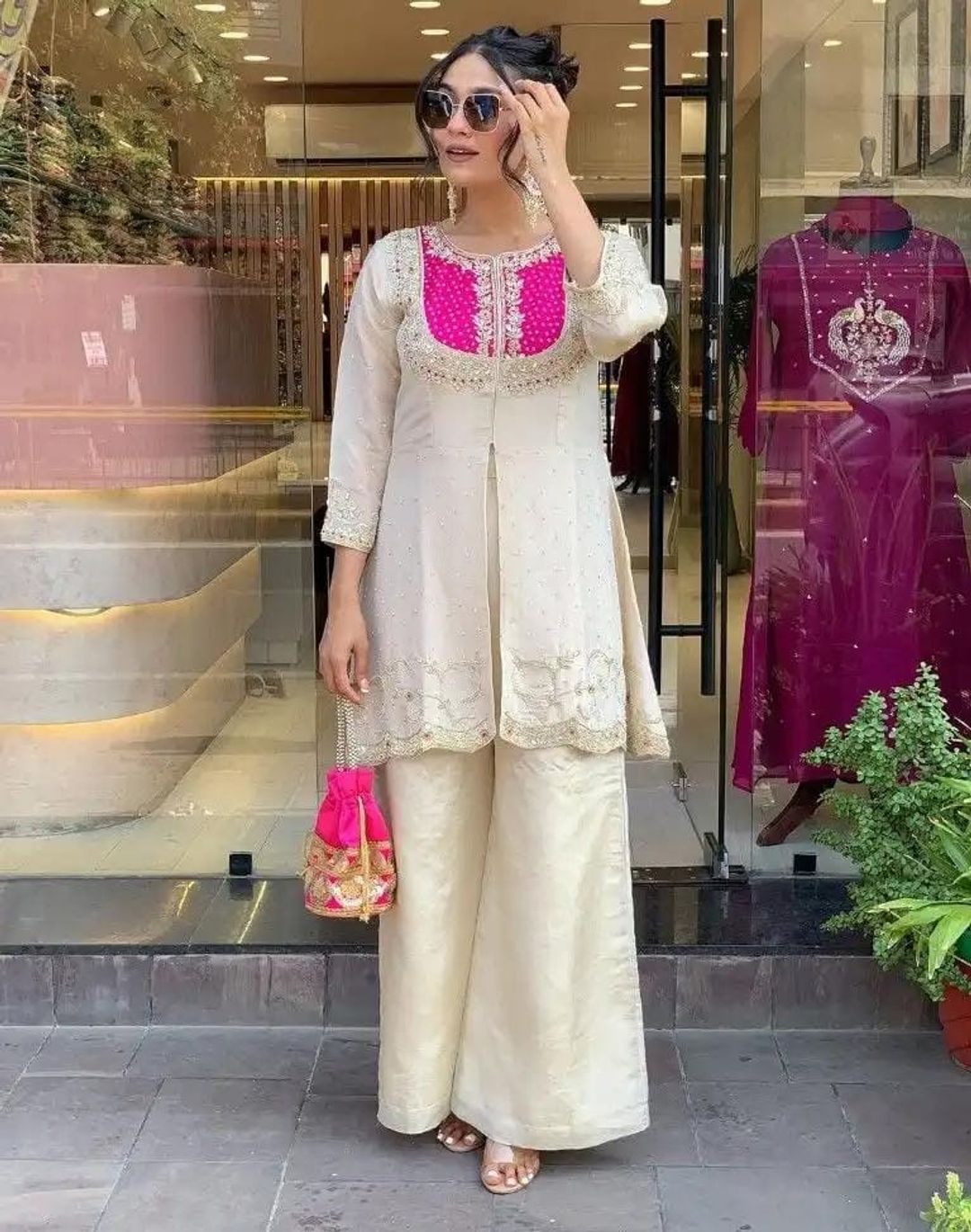 Elegant Cream Roman Silk Embroidered Top Palazzo Set