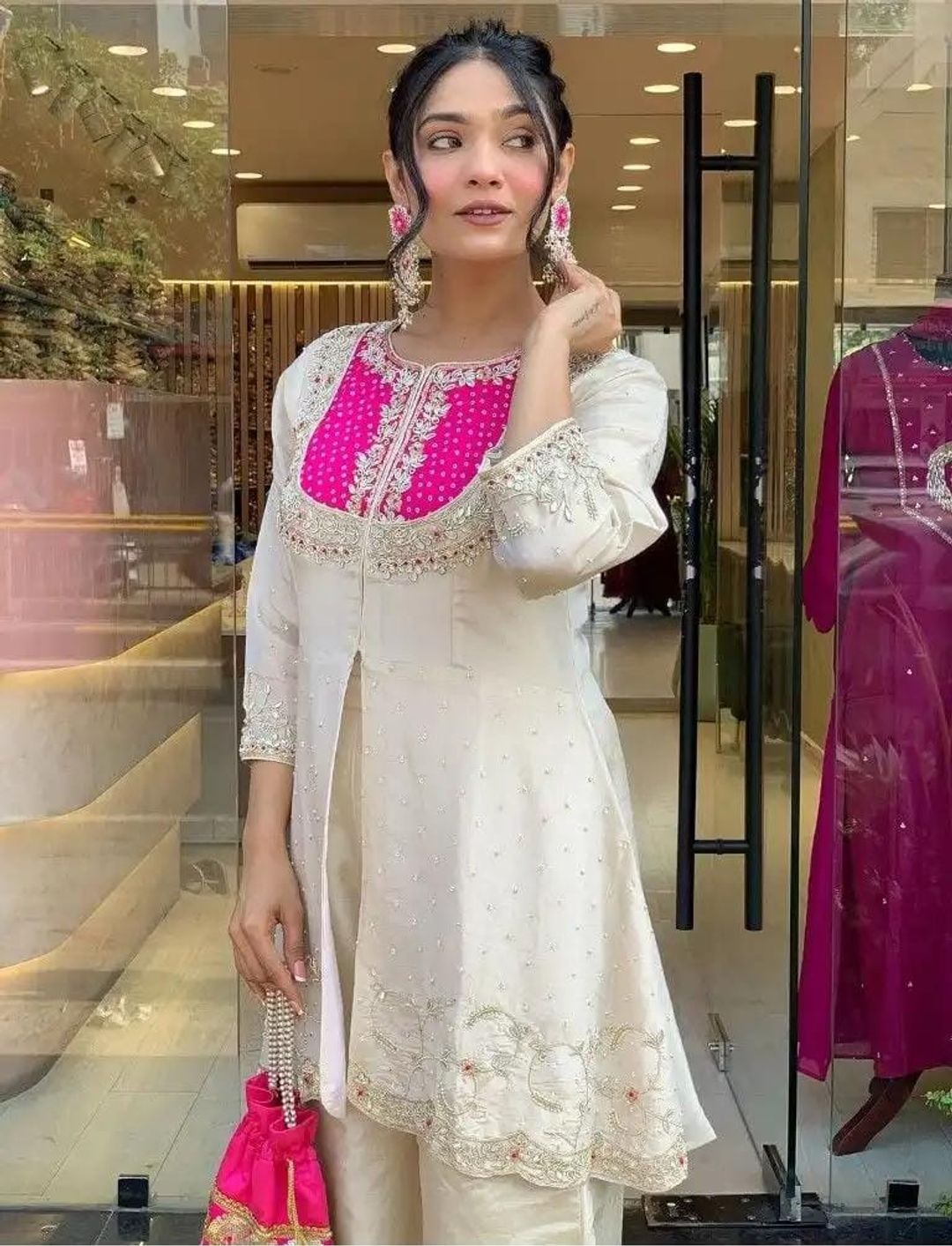 Elegant Cream Roman Silk Embroidered Top Palazzo Set