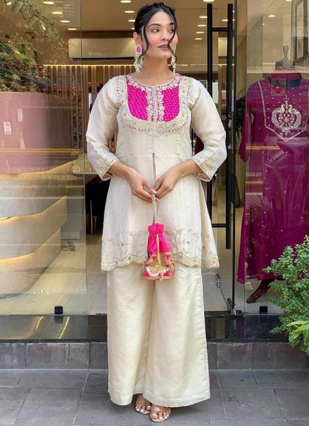 Elegant Cream Roman Silk Embroidered Top Palazzo Set