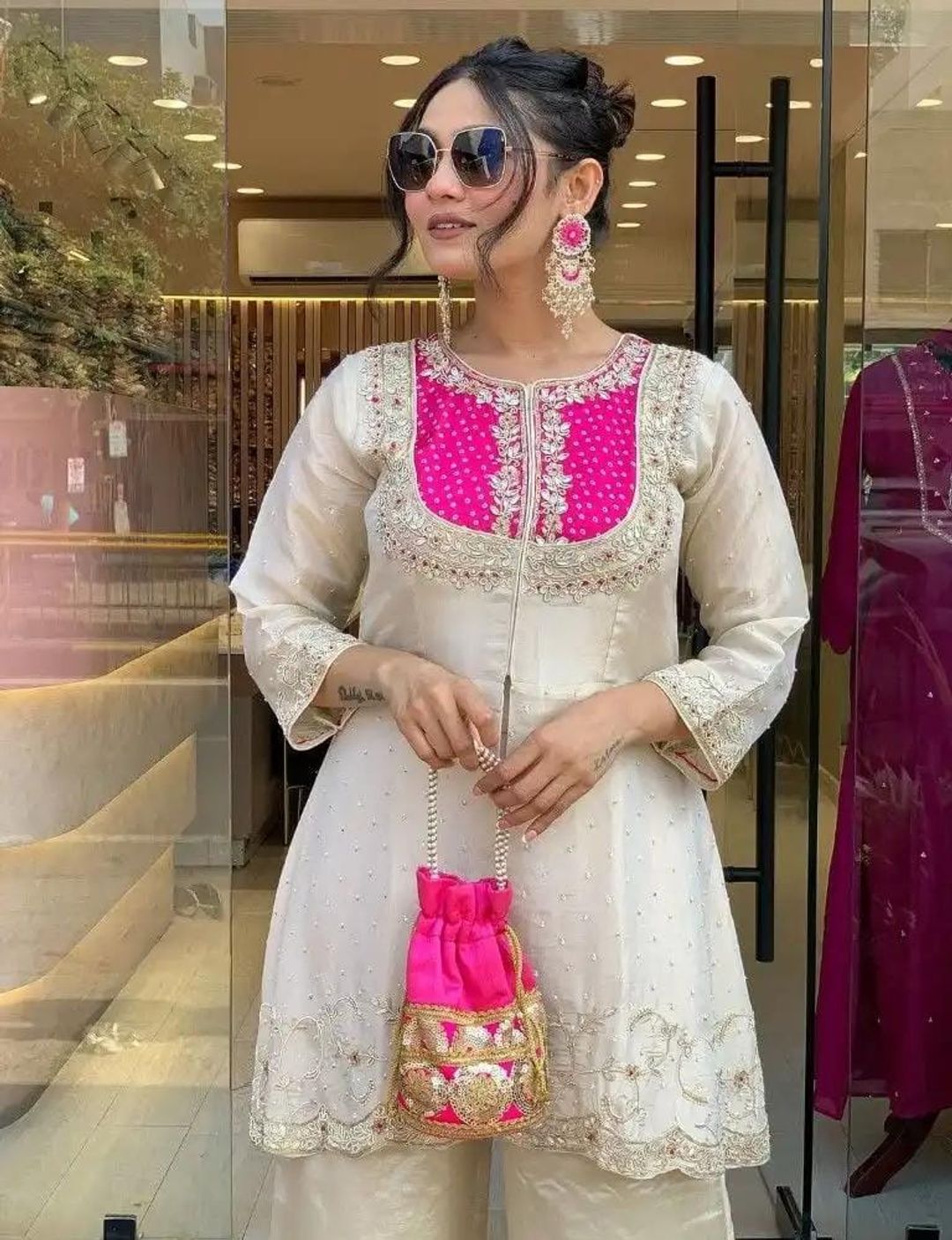 Elegant Cream Roman Silk Embroidered Top Palazzo Set