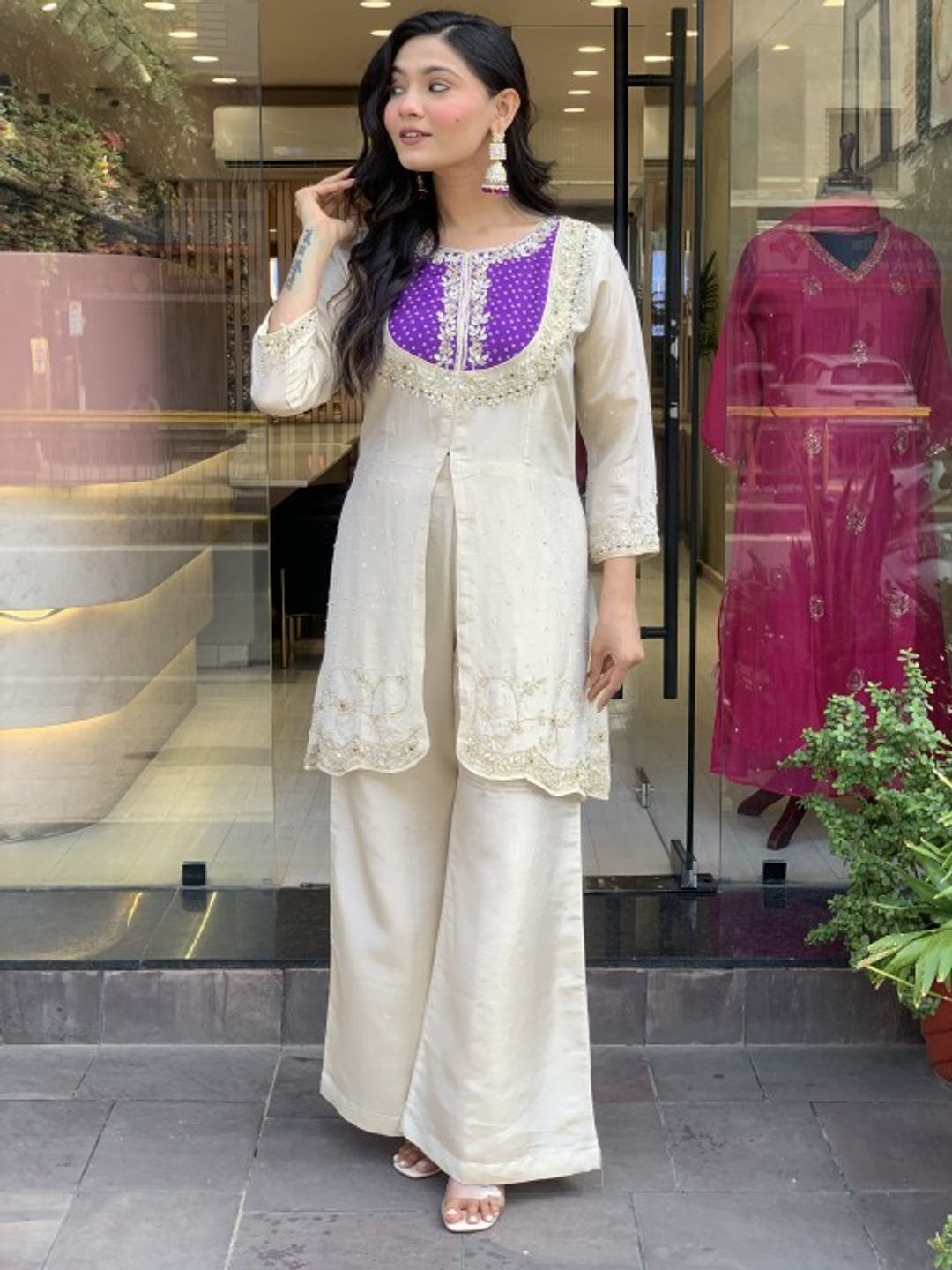 Cream Roman Silk Embroidered Top Palazzo Set Purple
