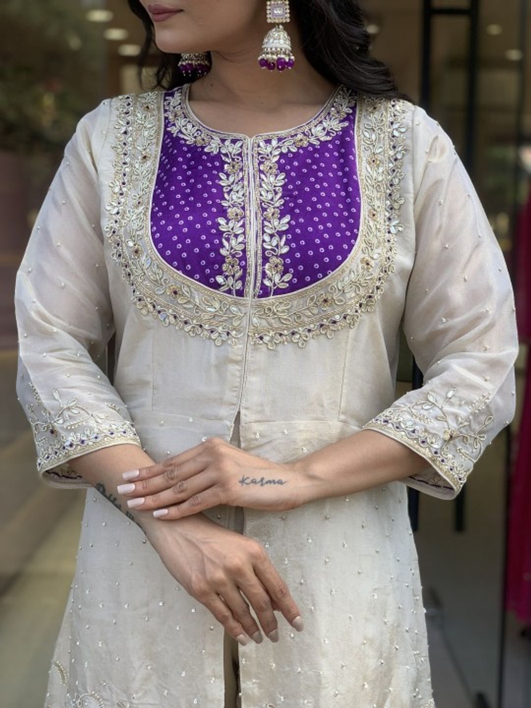 Cream Roman Silk Embroidered Top Palazzo Set Purple