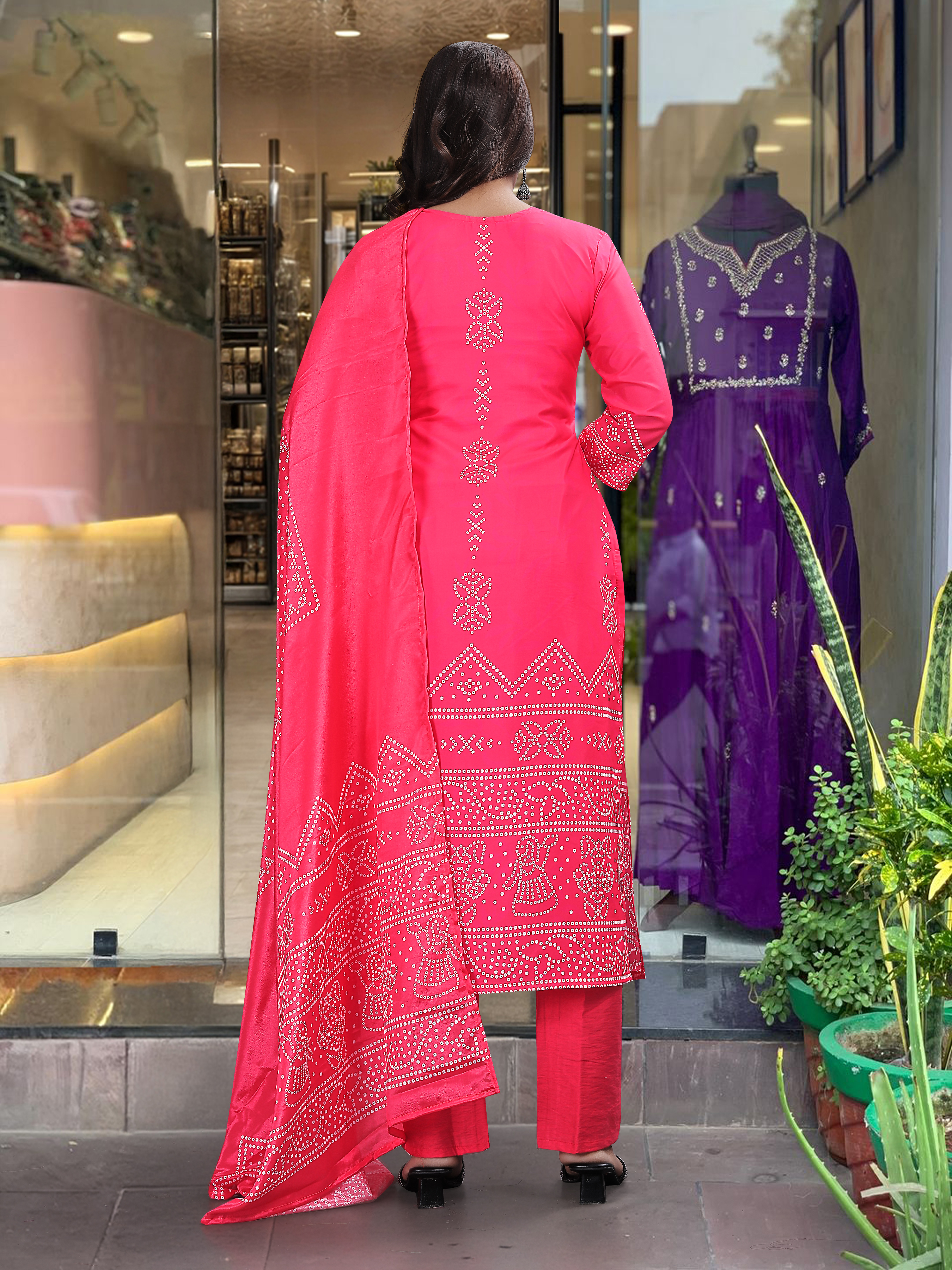 Rani Pink Crepe Embroidered Kurta Pant Dupatta Set