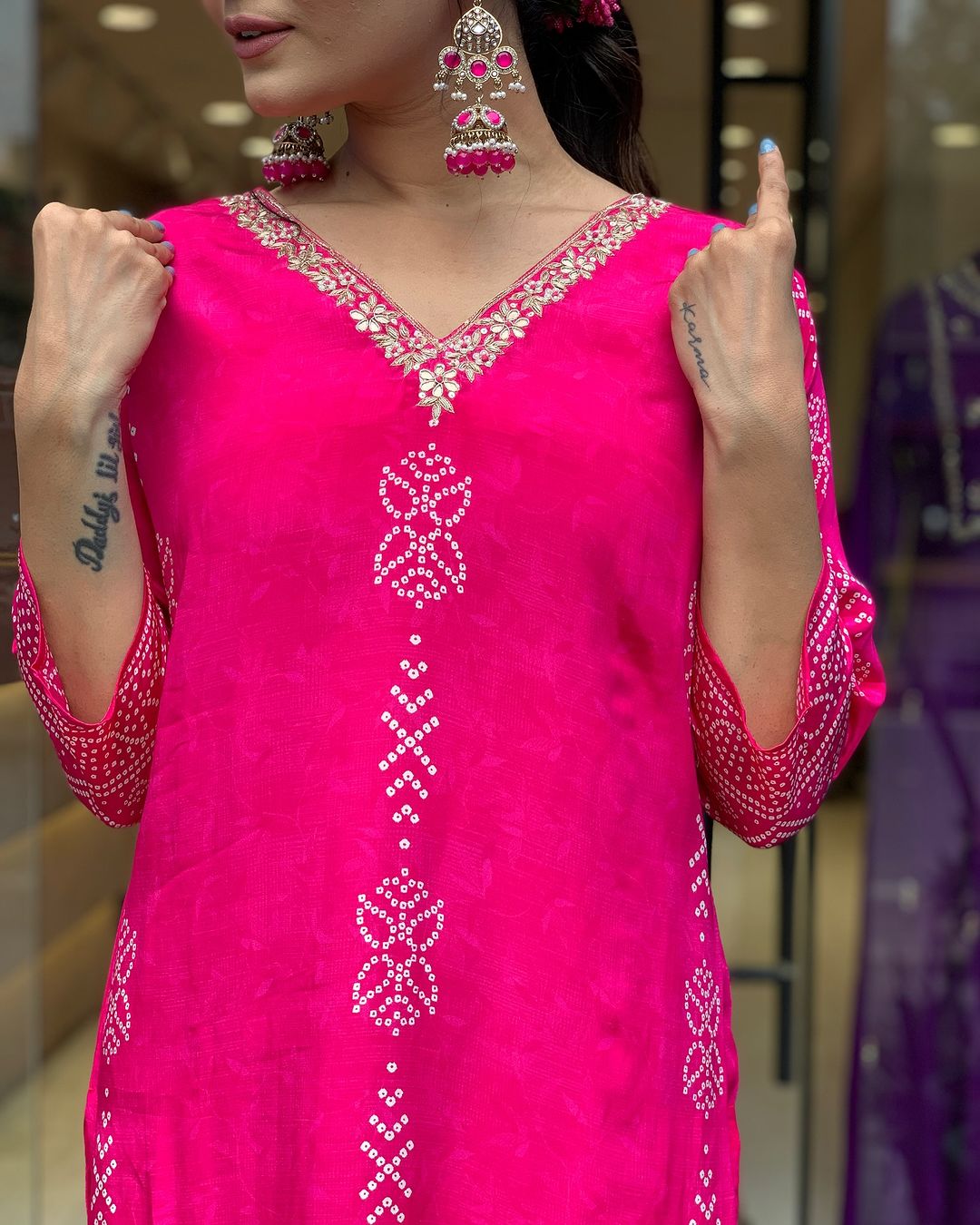 Rani Pink Crepe Embroidered Kurta Pant Dupatta Set