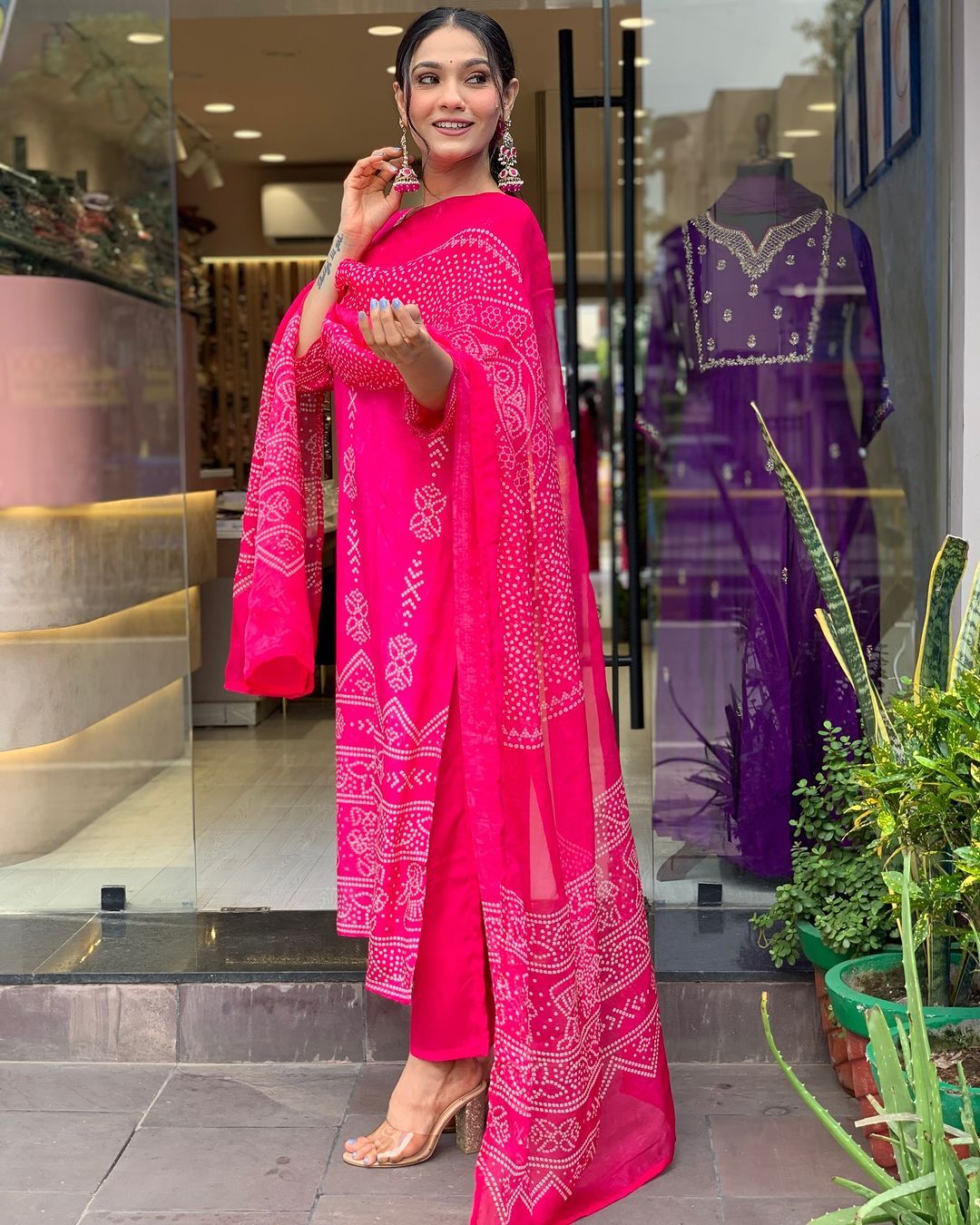 Rani Pink Crepe Embroidered Kurta Pant Dupatta Set