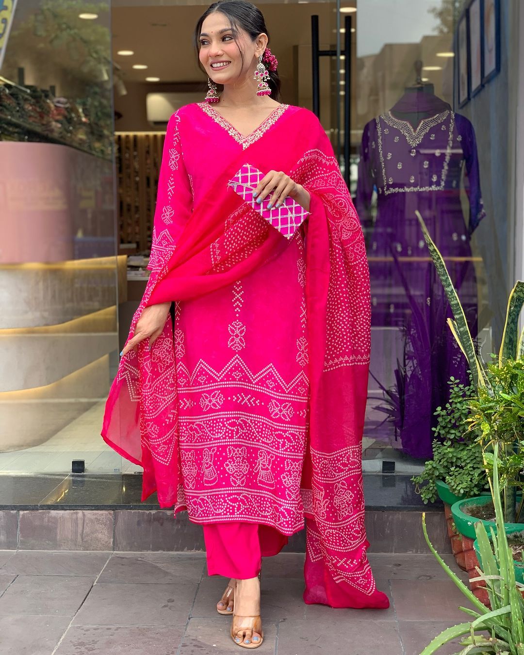 Rani Pink Crepe Embroidered Kurta Pant Dupatta Set
