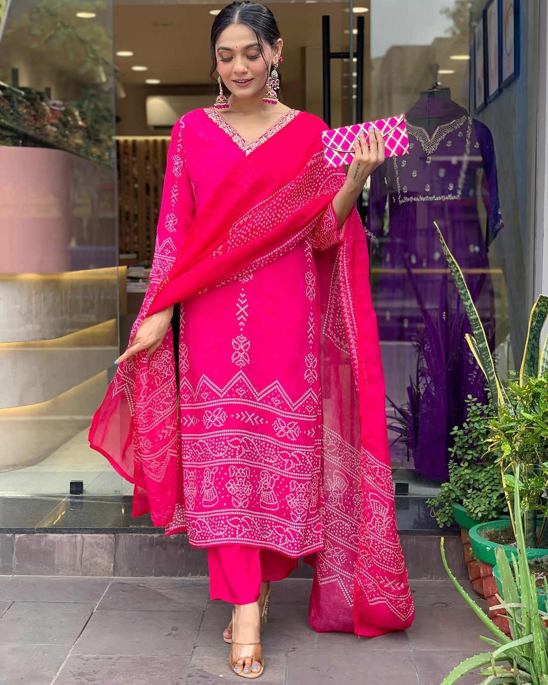 Rani Pink Crepe Embroidered Kurta Pant Dupatta Set