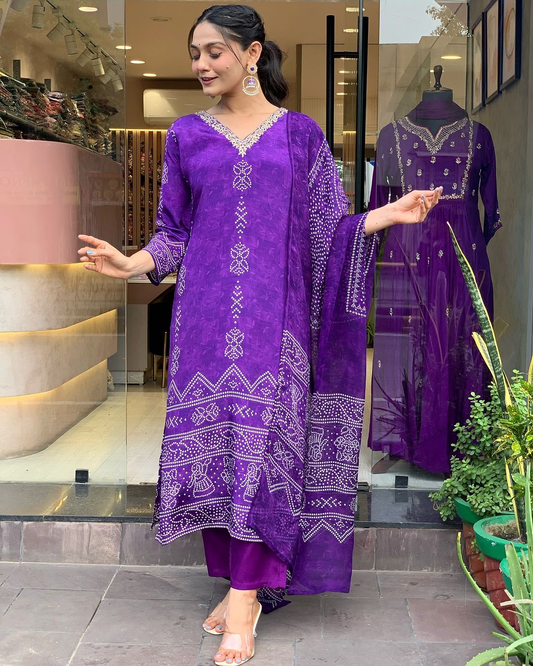 Purple Crepe Printed Kurta Pant Dupatta Set Women