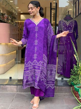 Purple Crepe Printed Kurta Pant Dupatta Set Women