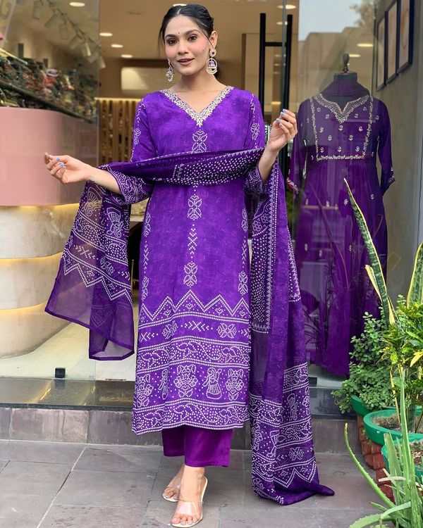 Purple Crepe Printed Kurta Pant Dupatta Set Women