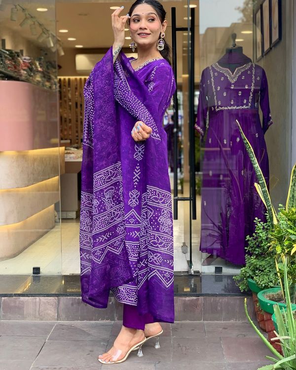 Purple Crepe Printed Kurta Pant Dupatta Set Women