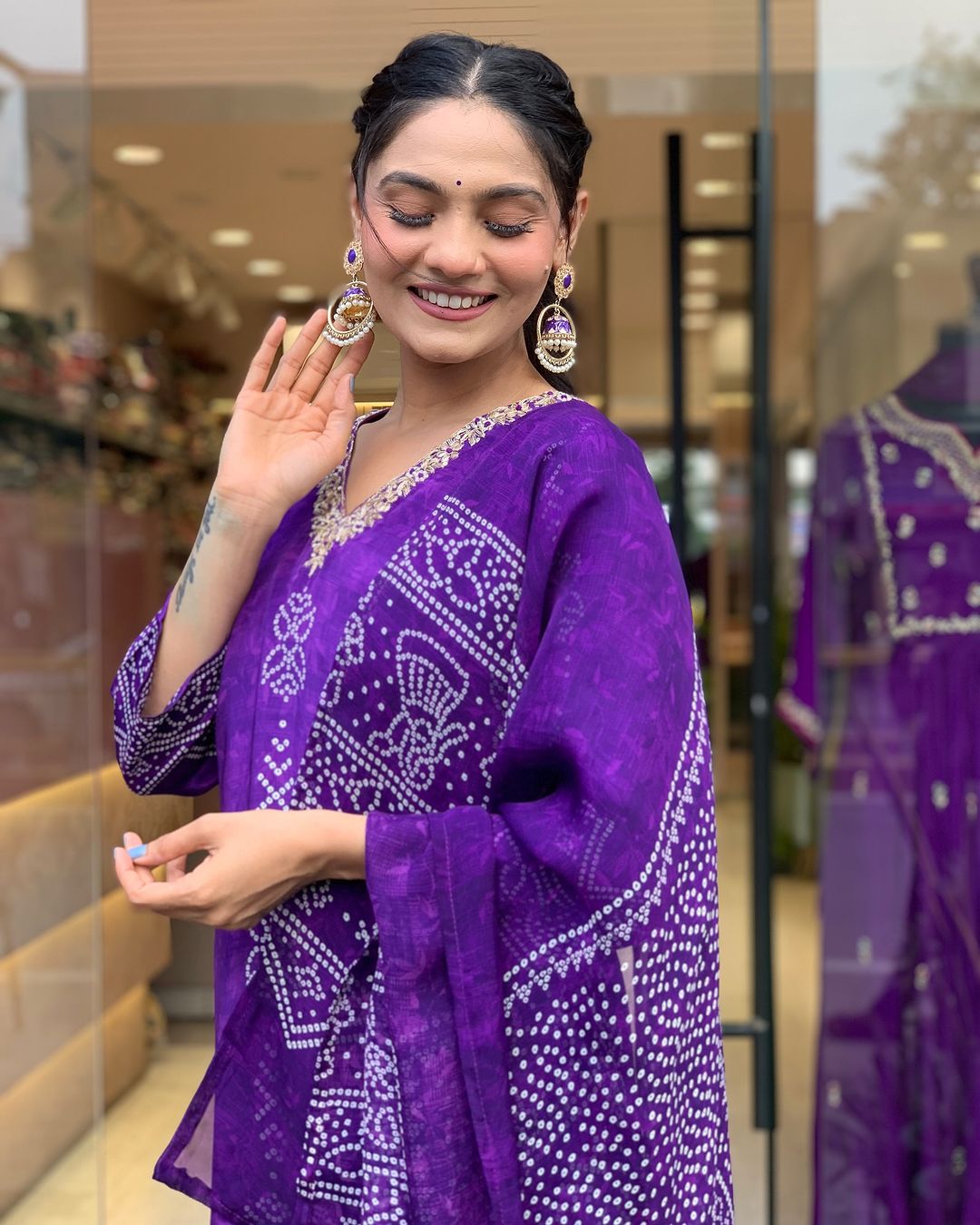 Purple Crepe Printed Kurta Pant Dupatta Set Women