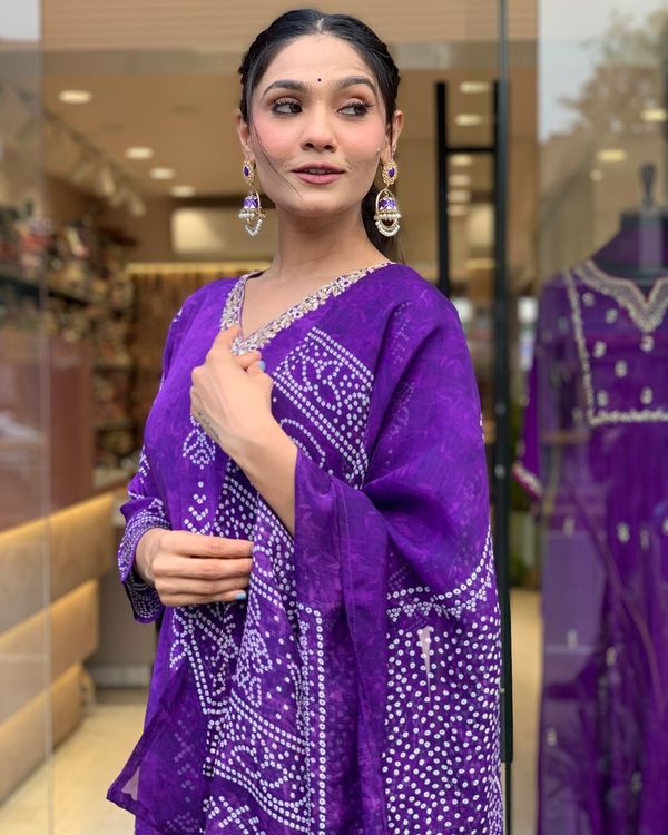 Purple Crepe Printed Kurta Pant Dupatta Set Women