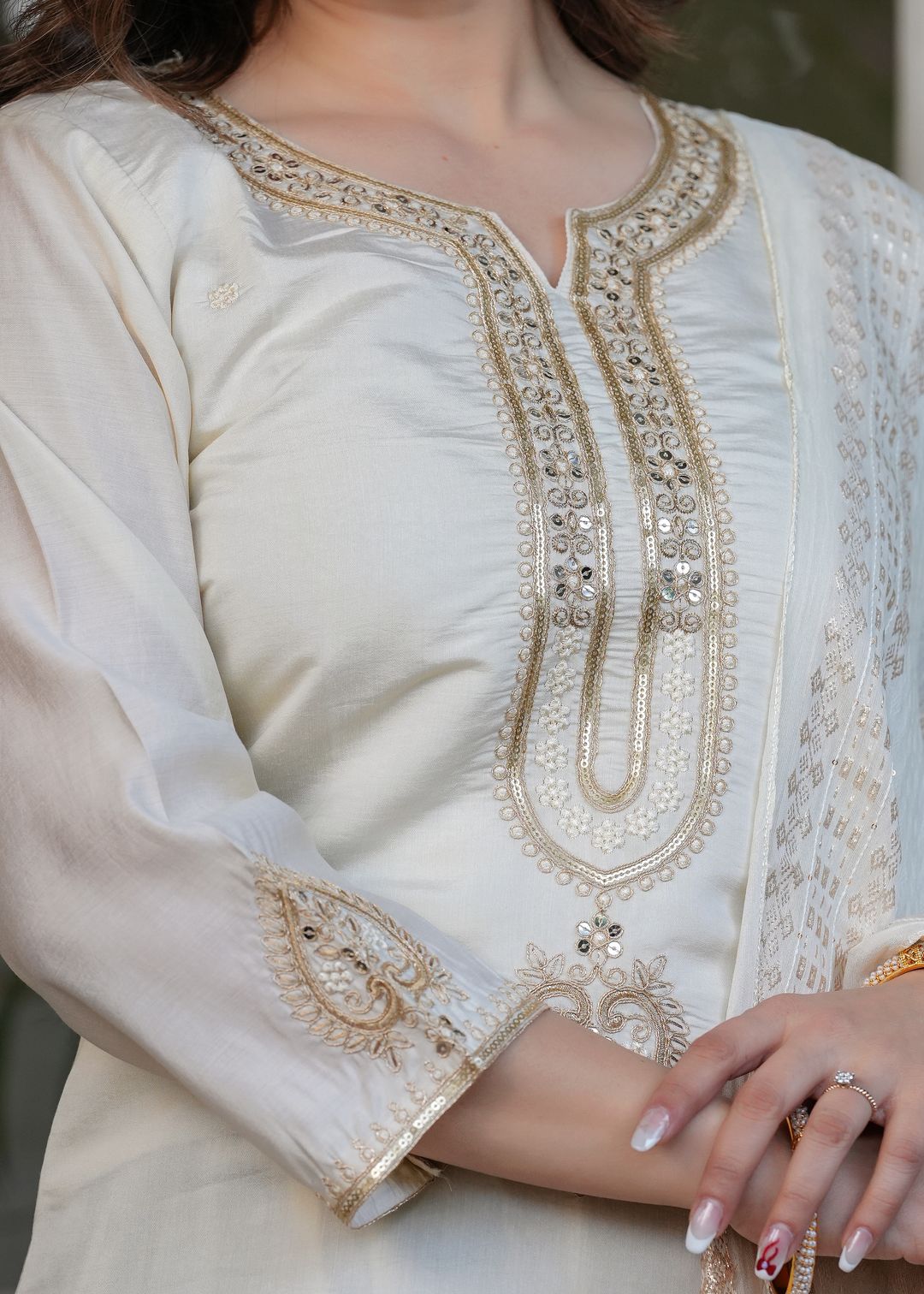 Elegant White Chanderi Kurta Pant Dupatta Set Women
