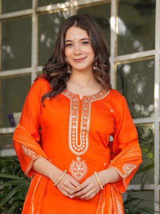 Bright Orange Chanderi Kurta Pant Dupatta Set Women
