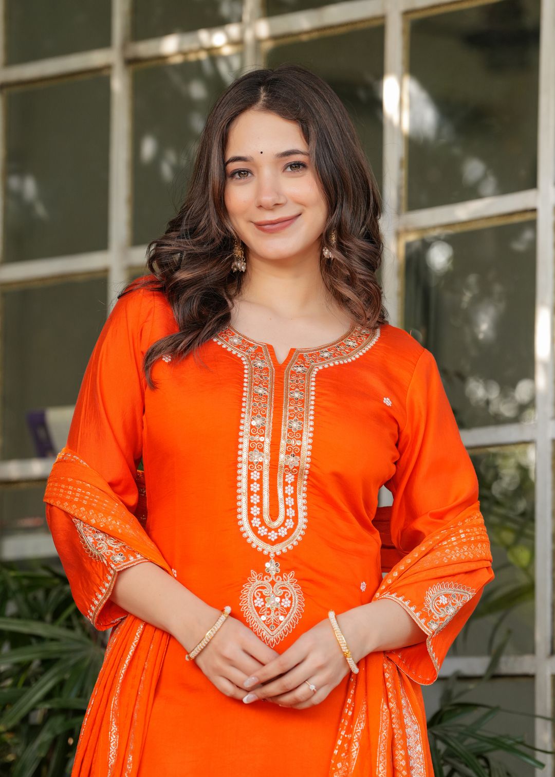 Bright Orange Chanderi Kurta Pant Dupatta Set Women