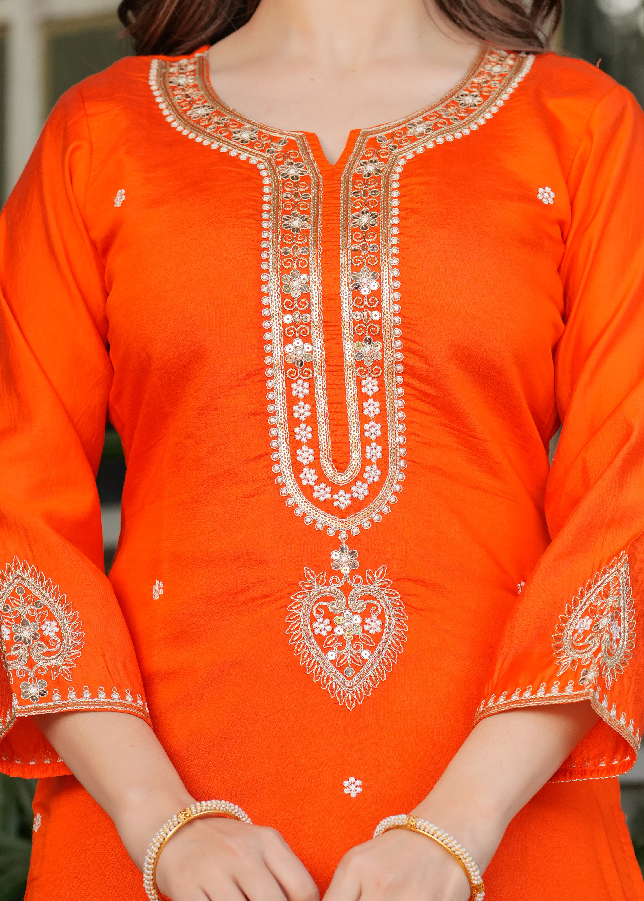 Bright Orange Chanderi Kurta Pant Dupatta Set Women